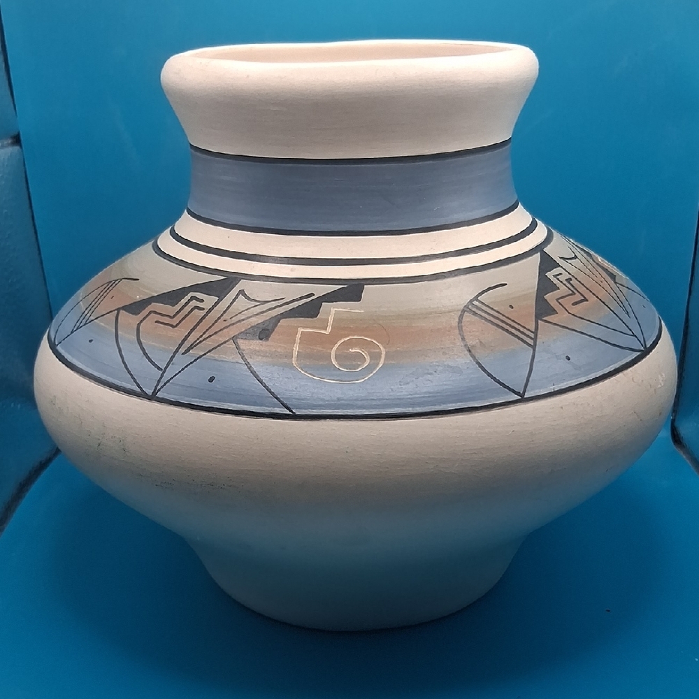 Hand-Painted & Signed Vintage Ceramic Native American Art Vase in Blue and Cream